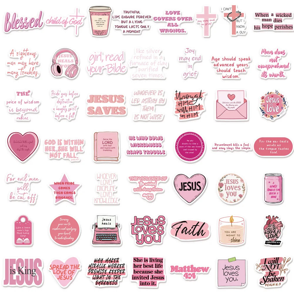 50PCS Pink Bible Jesus Cute Creative Waterproof Stickers